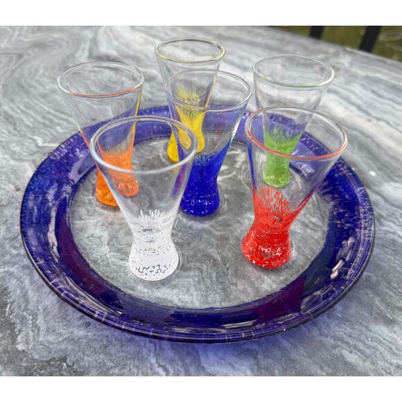 VINTAGE - Dansk VIVACIOUS Glass Cordial Liqueur Shot Glasses and Round Tray Set - Picture 5 of 10
